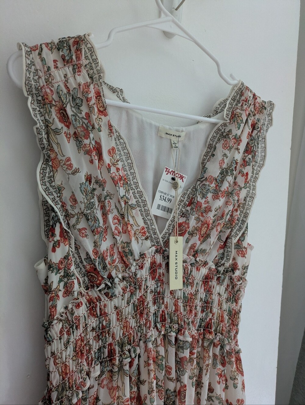 Max Studio Floral Shirred V-Neck Maxi Dress - Cream with Rust Floral - Picture 2 of 3
